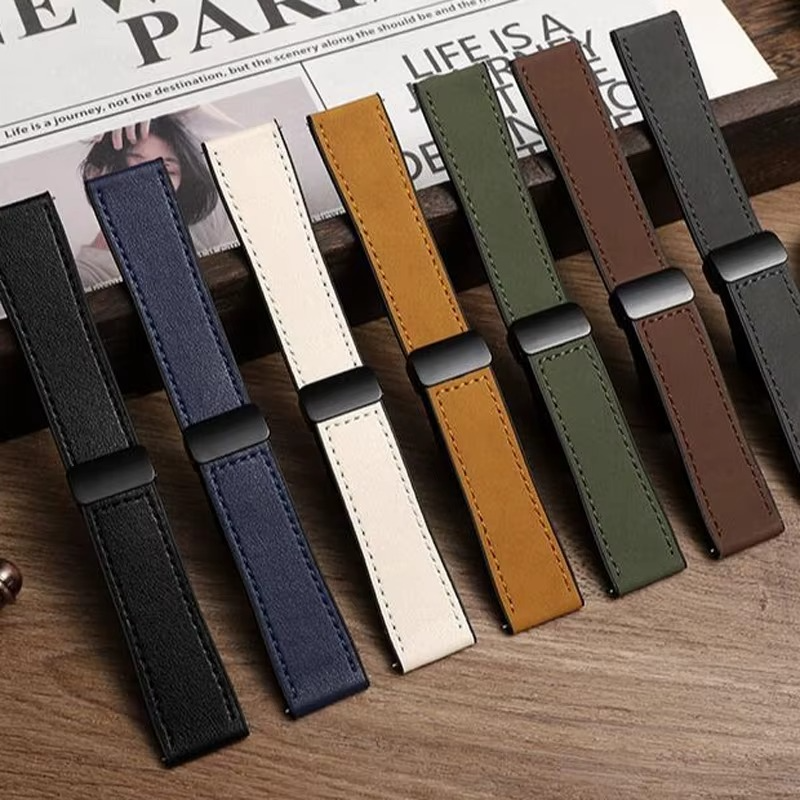 Pulseira de Couro Magnética Dobrável de Pino 22mm